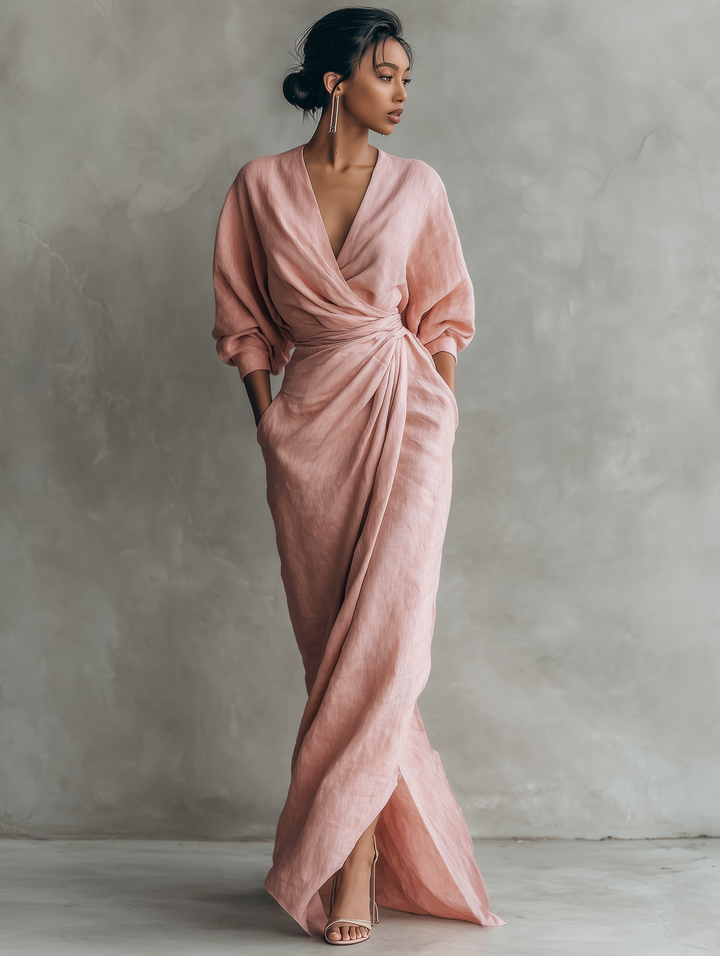 Isolde | Elegantes, drapiertes Maxikleid aus Leinen