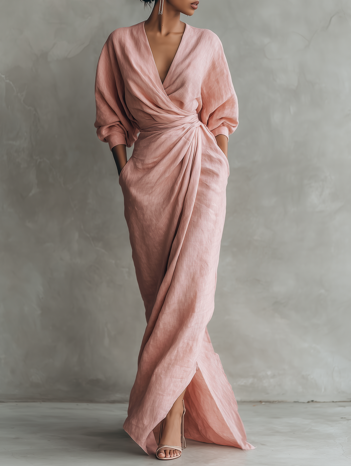 Isolde | Elegantes, drapiertes Maxikleid aus Leinen