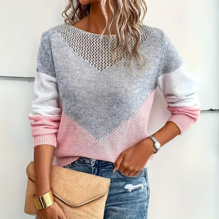 Laura | Damen Colorblock Strickpullover mit Rundhalsausschnitt