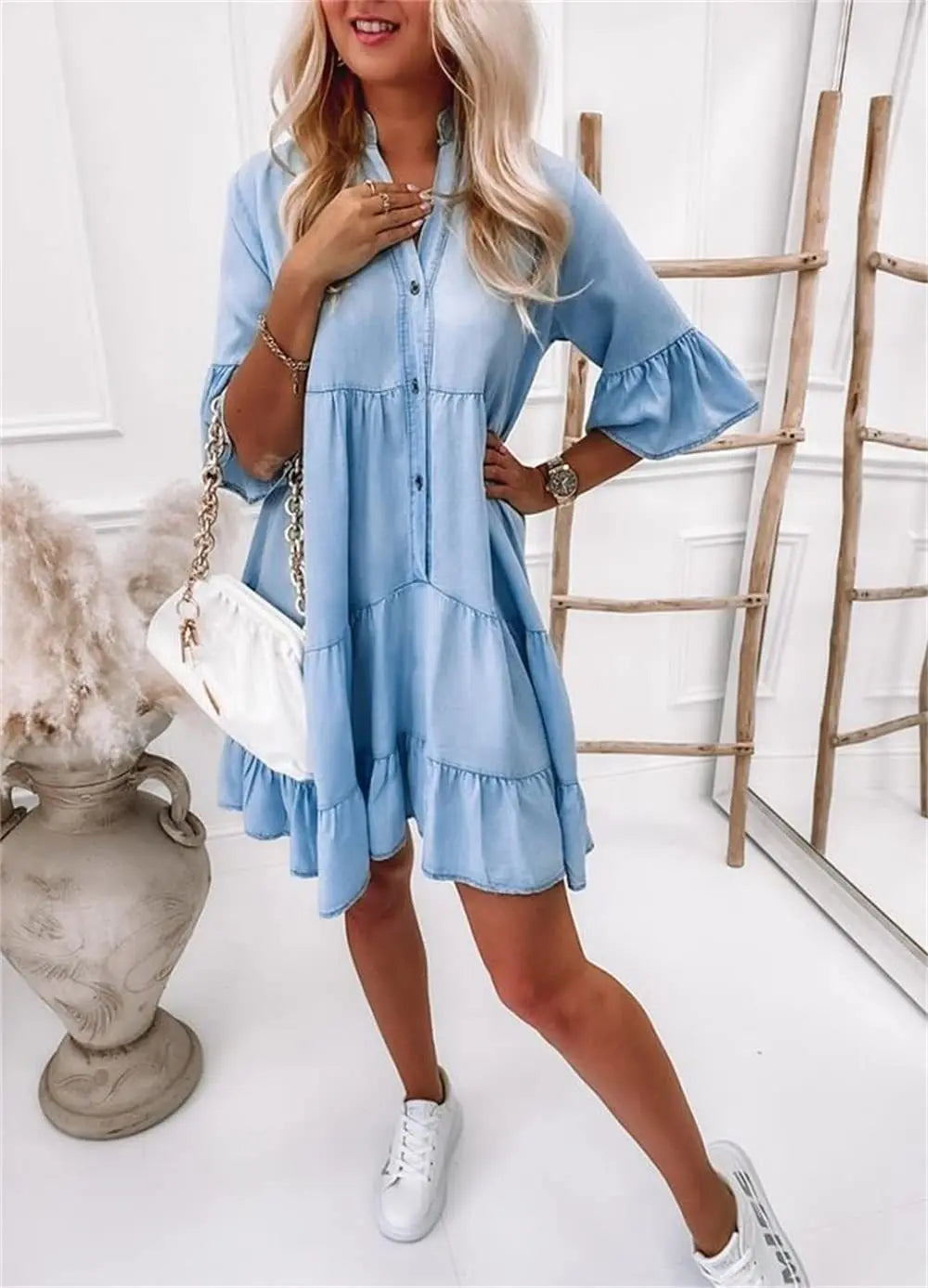 Ella | Gestuftes Jeanskleid