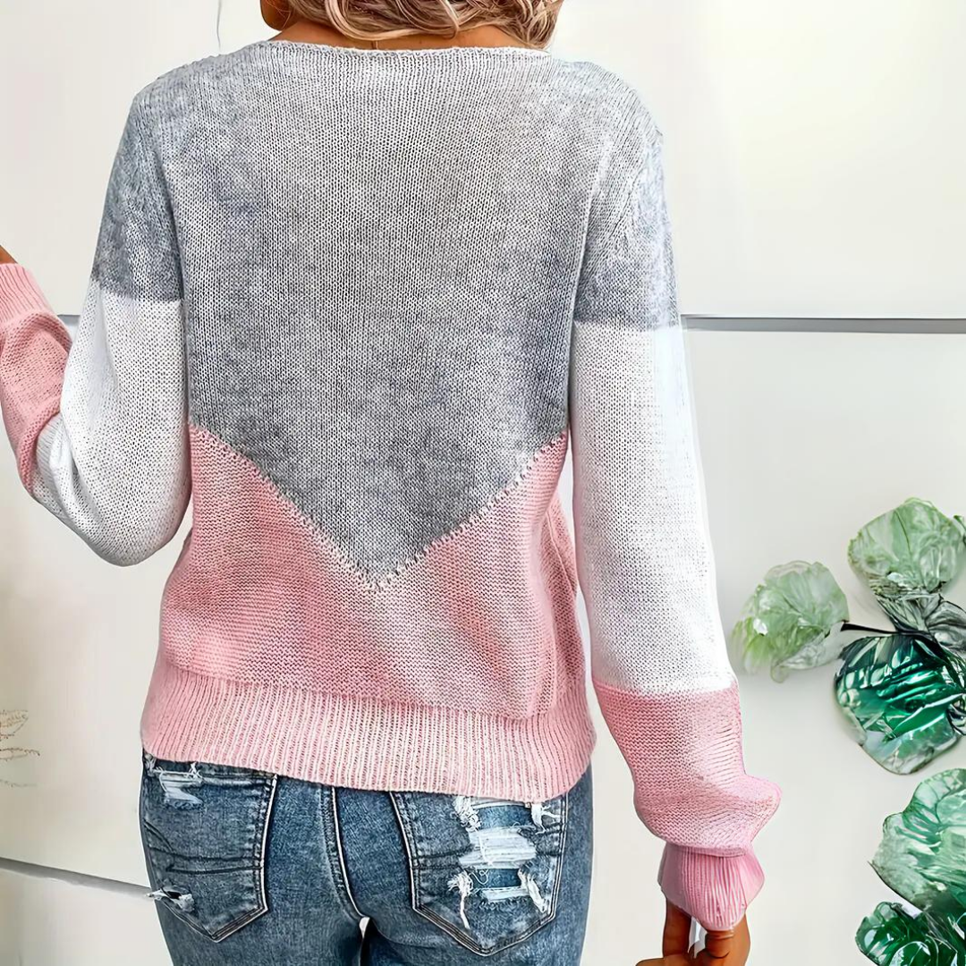 Laura | Damen Colorblock Strickpullover mit Rundhalsausschnitt