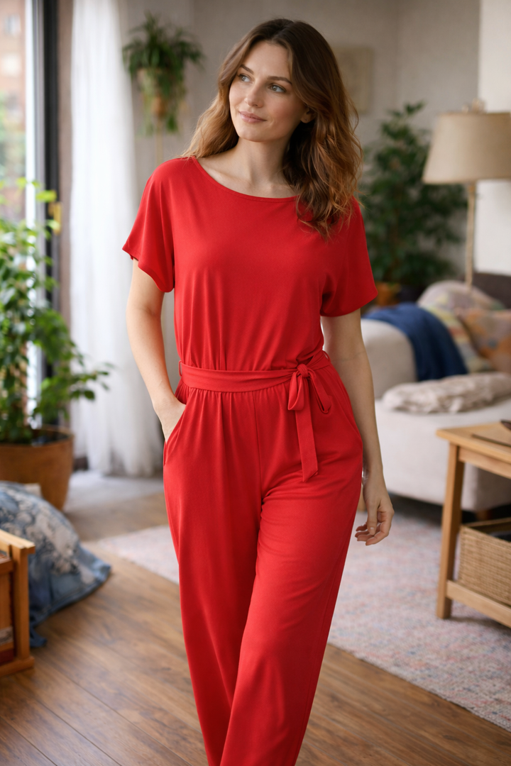 Helene | Damen Jumpsuit mit Gürtel und weitem Bein