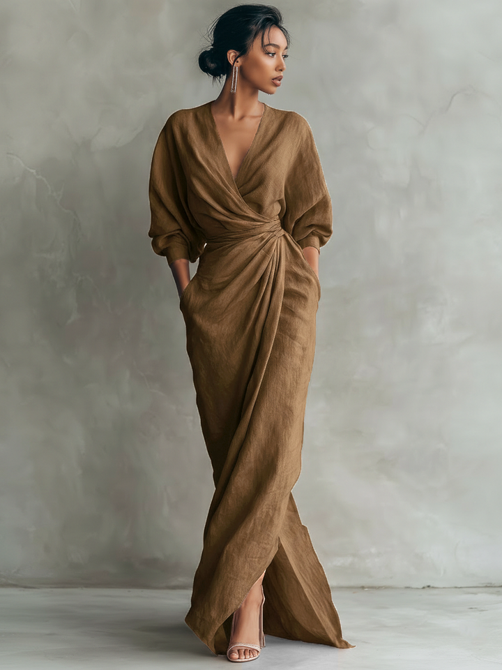 Isolde | Elegantes, drapiertes Maxikleid aus Leinen