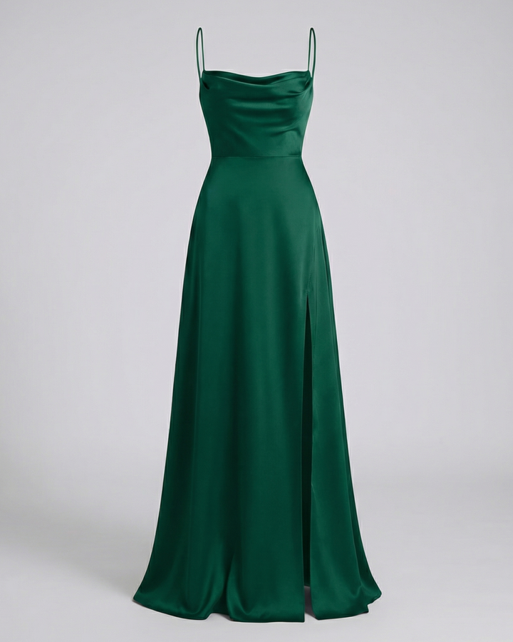 Scarlett | Maxikleid aus Satin mit Wasserfallausschnitt und Schlitz