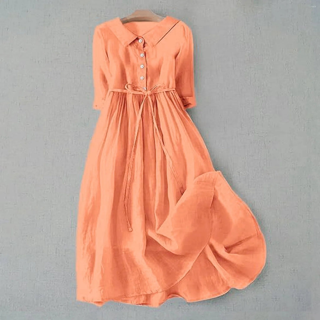 Elena | Elegantes Midi-Kleid aus Leinen mit Bindegürtel