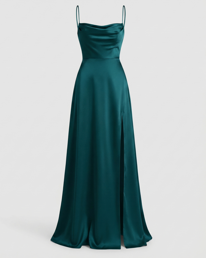 Scarlett | Maxikleid aus Satin mit Wasserfallausschnitt und Schlitz