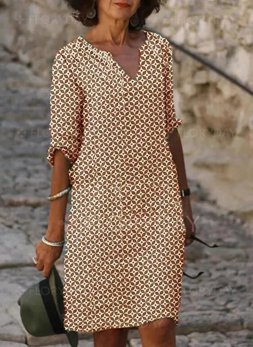 Hannah | Geometrisches V-Ausschnitt Midikleid Damen