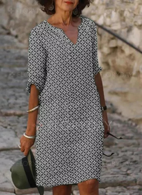 Hannah | Geometrisches V-Ausschnitt Midikleid Damen