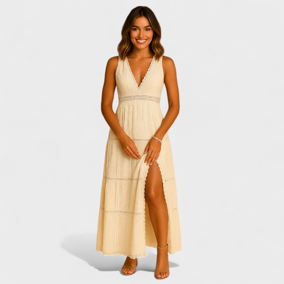 Isabella | Maxikleid mit V-Ausschnitt und Spitzenbesatz